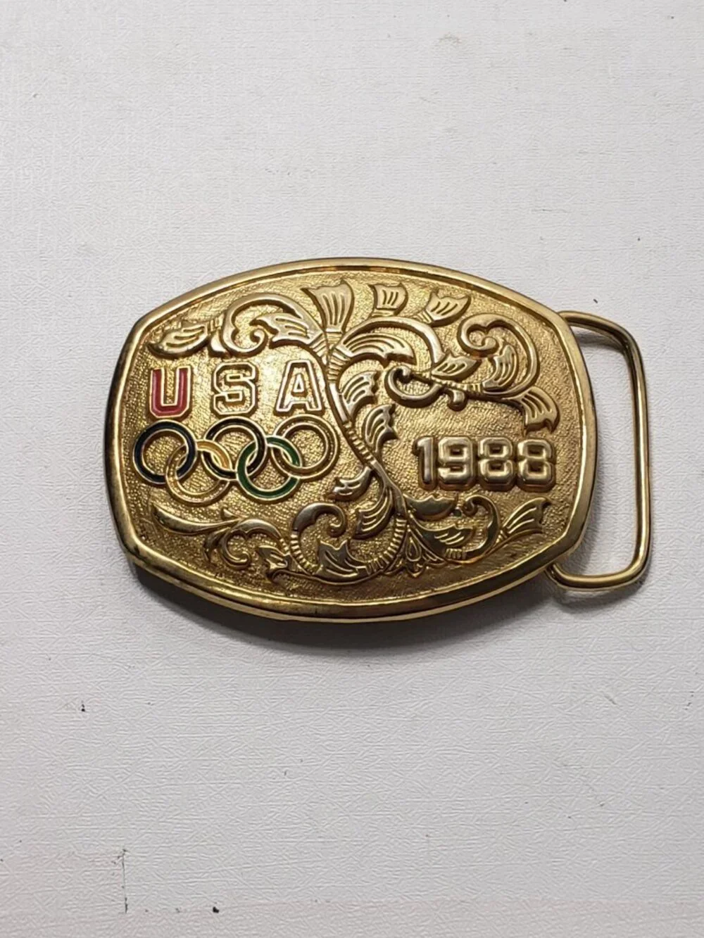 Vintage 1988 USA Olympics Belt Buckle B-K Gold Tone Enamel USOC 1987 Made USA
